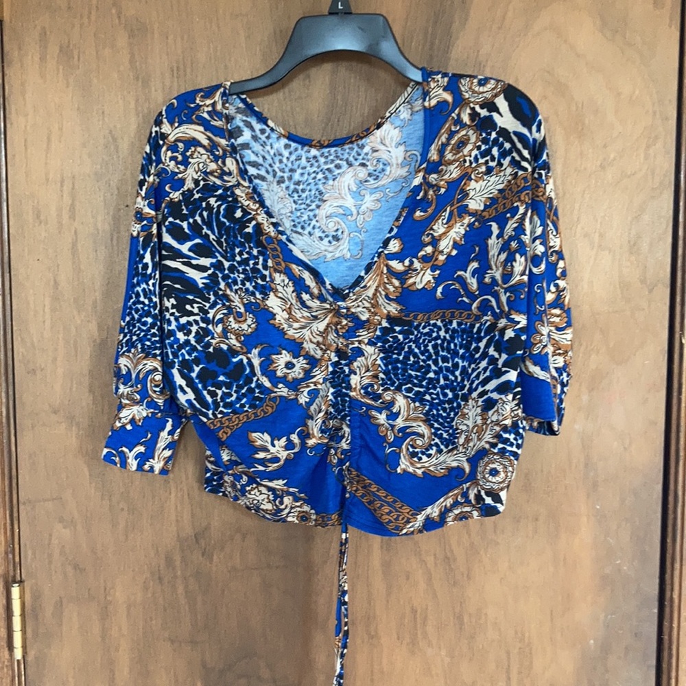 Floral print top boho w stretch adjustable length w/ cinch casual M jrs - Picture 16 of 17
